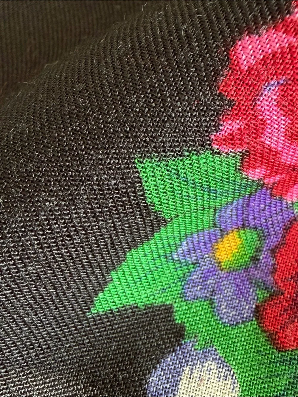 Vintage Russian Wool Floral Square Shawl Black Folk Scarf Wrap 50”x50”